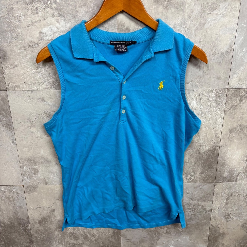 Ralph Lauren Sport Womens Sleeveless Polo Shirt Blue Yellow Pony Cotton Large